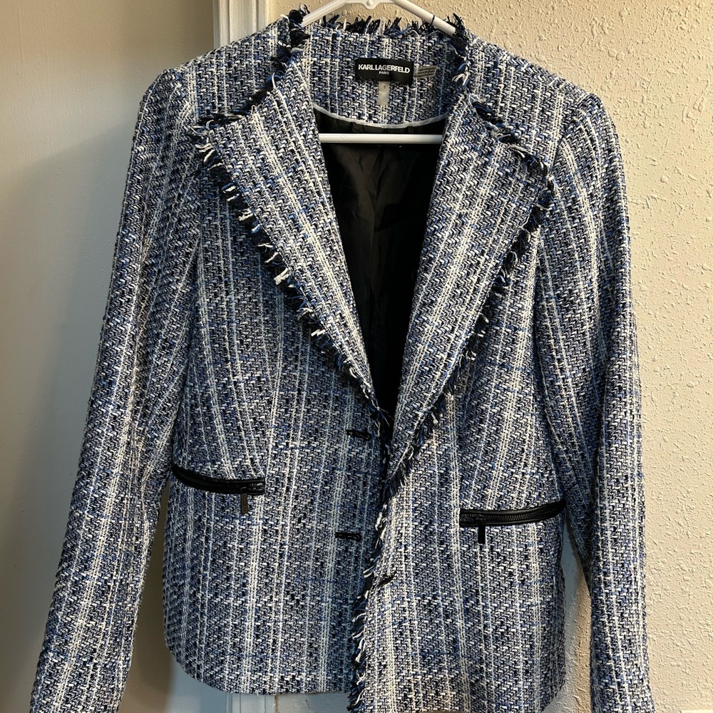 Karl Lagerfeld Women's Blue-Black and White Tweed Blazer